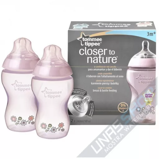 Biberon decorat Tommee Tippee PP, 2 buc, 340 ml, decorat roz